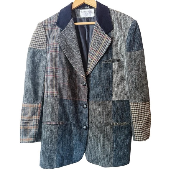 Vintage 80s 90s Blazer Wool Patchwork Tweed Size 10 Suede Collar Academia Navy - Picture 1 of 6